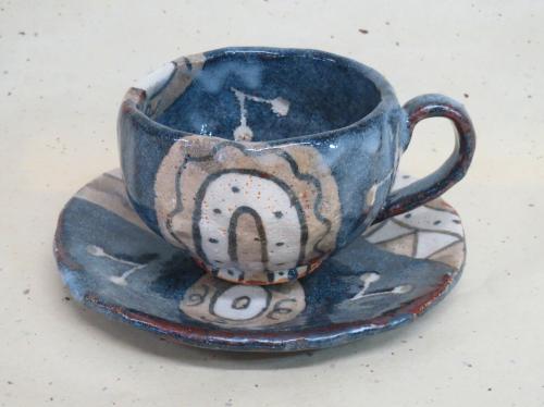 鼠志野幾何紋コーヒー碗皿