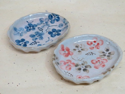 藍花/赤彩花　楕円小皿　1枚