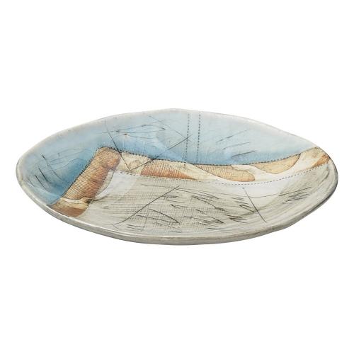 トルコ釉刻紋楕円皿